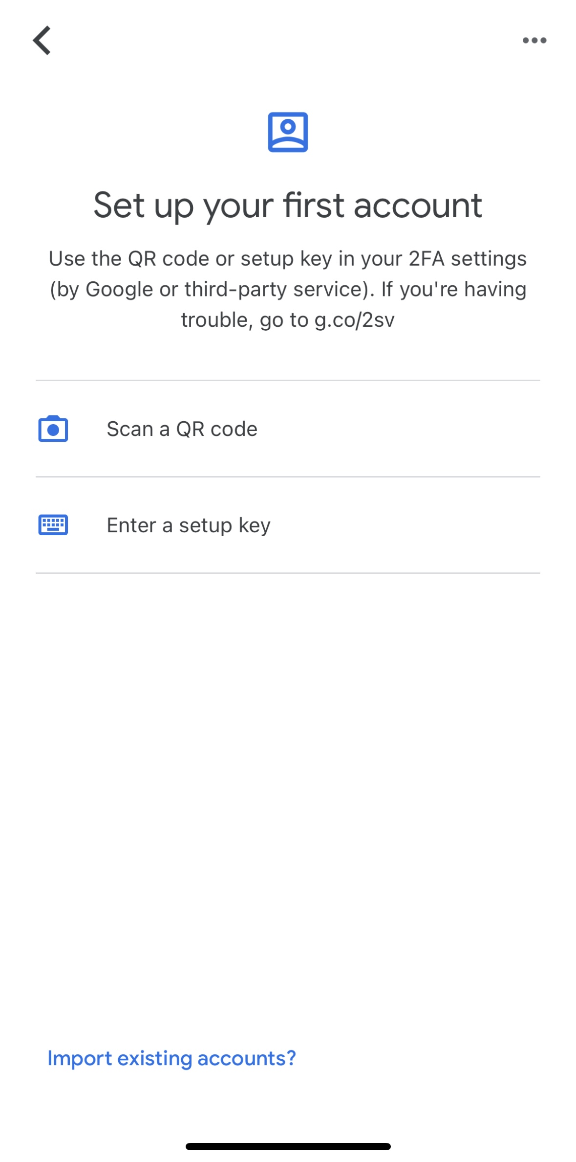 Google Authenticator Set up first account page screenshot