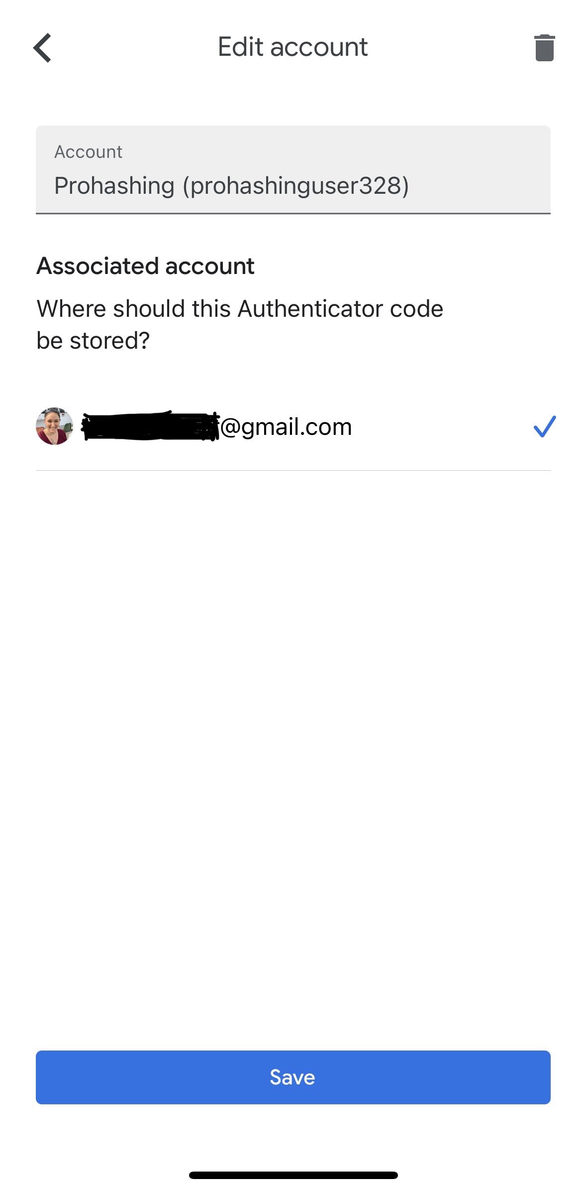 Google Authenticator Edit account page screenshot with associated account list