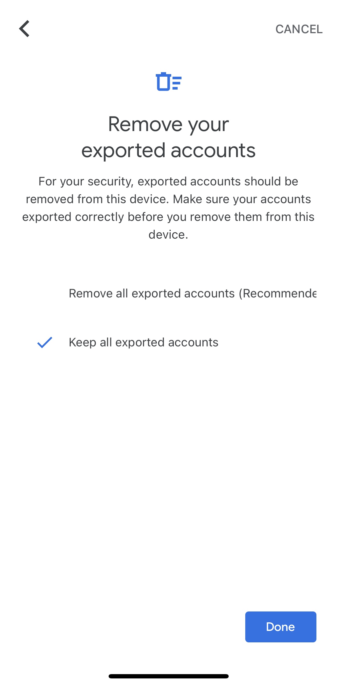Google Authenticator Remove exported accounts page screenshot