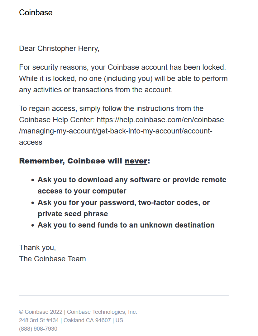 Email from Coinbase to Chris stating that PROHASHING's account has been frozen 'for security reasons' with no other explanation and instructing Chris to re-verify the account