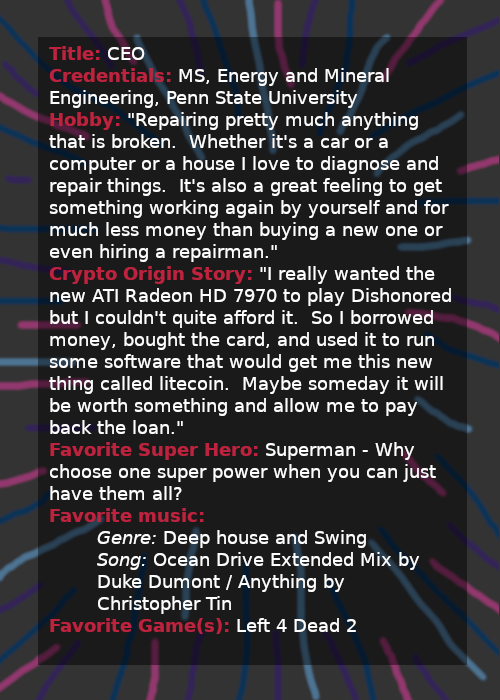 back of Chris Sokolowski's PROHASHING Hero card with stats about the Head Honcho